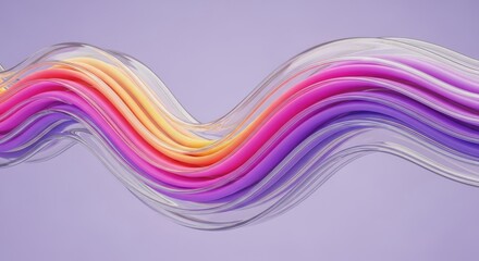 Wall Mural - Abstract Wavy Stripes with Colorful Gradient, Glossy Finish on Pale Violet Backdrop