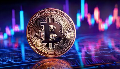 a close up of a shiny gold bitcoin coin on a digital stock market chart with vibrant blue and purple lighting effects