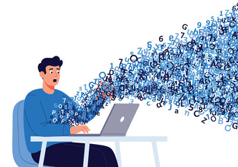Programmer overwhelmed by vast amount of code and data flowing from laptop screen