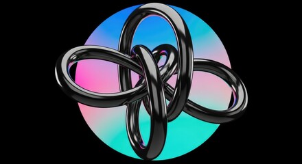 Wall Mural - Glossy Ring Intertwined Shape with Color Gradient Circle on Black Backdrop