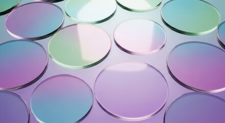 Wall Mural - Shiny Round Translucent Discs with Pastel Pink, Blue, Green Iridescent Gradient