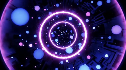 Abstract Geometric Tunnel with Neon Purple Rings and Futuristic Texture Digital Backdrop