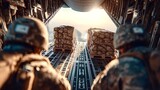 Soldiers pushing humanitarian aid packages into military cargo airplane