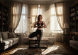 © Filip - Woman practicing tree pose yoga in an elegant living room with beautiful sunbeams