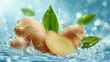 © Shi - Ginger Root with Water Splashes and Green Leaves for Culinary and Wellness Projects