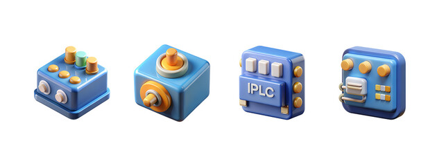 Four futuristic vending machines with various items and buttons isolated on transparent background