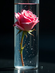Wall Mural - lone pink rose lies submerged dark plastic tube filled water droplets delicate petals glistening soft natural light
