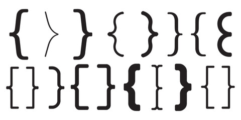Brackets. Braces. Punctuation. A simple black vector icon set of various curly braces and square brackets for a programming infographic, a grammar guide, or a typography design element.