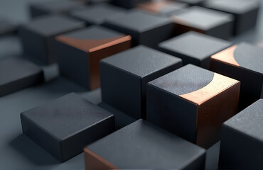 Wall Mural - shot dark grey cubes metallic bronze accents reflected soft ambient light casting deep shadows geometric