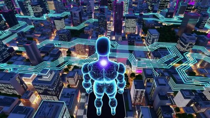 three-dimensional representation of metropolis integrated with electronic data pathways, viewed from elevated perspective