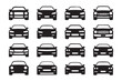 © AIcon Star - vector artwork set with 16 black car front silhouettes in red grid for automotive illustration and design pack