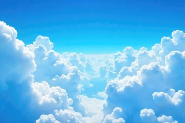 A breathtaking panoramic view of a vibrant blue sky, filled with fluffy white clouds, creating a serene and idyllic scene Perfect for travel, nature, and serenity themes , horizon, nature