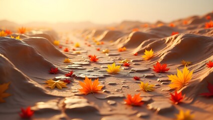 3D autumn continent with textured terrain and maple leaves
