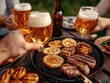 © Arnon  Parnnao - Family enjoying barbecue and toasting with beer bottl. Kindred having cookout raising ale vessel celebrating togetherness summer outdoor beverage refreshment happiness relation