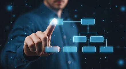 Man interacting with flowchart interface demonstrating data management and business structure innovation
