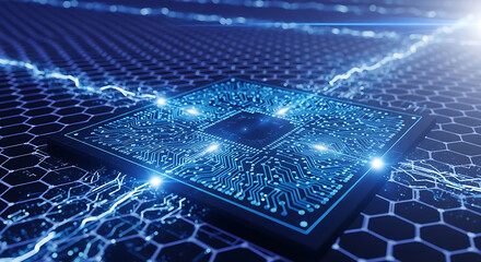A futuristic microchip with glowing blue circuits and electrical energy flowing across a hexagonal grid, representing advanced technology and data processing.