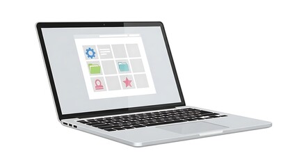 A modern, sleek laptop computer isolated on a white background, displaying a user interface with various icons.