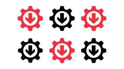 Vector art of collection of download icons with gear and arrow symbols in red and black, for web and app