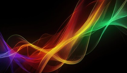 Wall Mural - flowing multicolor light wave on black background with glowing neon energy lines for modern abstract