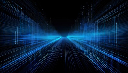 Wall Mural - futuristic neon blue digital corridor with glowing light beams and geometric grid lines for high tec