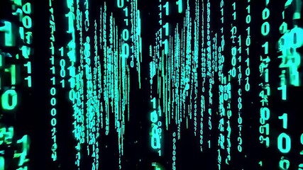 Digital Binary Code Rain Falling Down on Black Background.