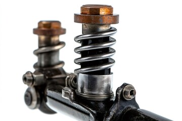 Metal springs. Nuts. And bolts of an old motorcycle suspension system are highlighted against a white background. Revealing the intricate details of their construction and the effects of time and use