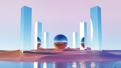Wall Mural - 3d render, abstract landscape with reflective spheres and tall geometric pillars