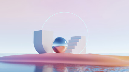 Wall Mural - 3d render, abstract minimal landscape with geometric shapes and glass sphere