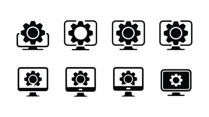 Vector art of collection of computer monitor icons with gear symbol, representing settings and configuration