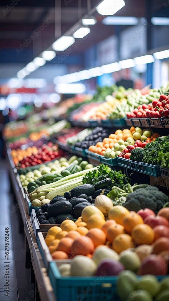 Colorful arrangement of fresh fruits and vegetables in a market display ...