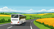 © Photo_hub - Scenic bus traveling along winding road through green fields