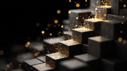 Wall Mural - stunning black cubes create mesmerizing staircase effect, with golden particles cascading down, evok