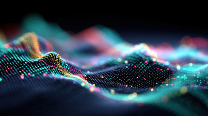 Wall Mural - digital waves create mesmerizing visual of colorful dots and lines, representing data flow and techn