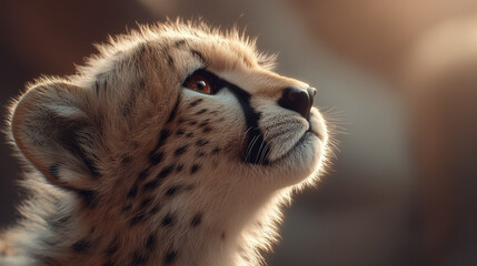 Wall Mural - A cheetah cub looks upwards, with light illuminating its face, spotted fur, and whiskers against a soft-focus background.