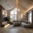 © gogu - modern interior design neutral beige tones living room with a second light brown parquet flooring deck laying modern light gray sofa behind it beige photo wal