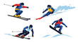 © meeblues - Set of skiers performing jumps, tricks, and downhill racing moves, representing winter sports, extreme adventure, athletic performance, and competitive skiing on snowy slopes