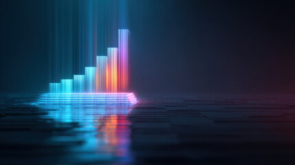 Wall Mural - vibrant digital graph with ascending bars illuminated in blue, pink, and orange hues, reflecting on 