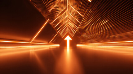 Wall Mural - dynamic abstract background featuring glowing orange lines converging towards upward arrow, creating