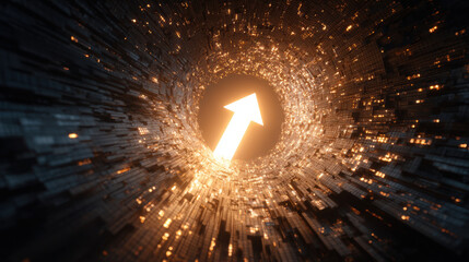 Wall Mural - digital tunnel with glowing particles and upward arrow symbolizes progress and innovation. vibrant l