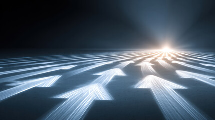 Wall Mural - mesmerizing scene featuring glowing arrows leading towards bright light in distance, symbolizing dir