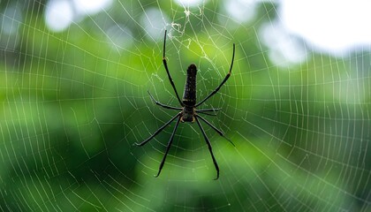 A large spider is sitting in the middle of its web with a green blurred background.