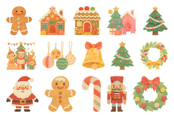 png festive gingerbread holiday icons, element set on transparent background