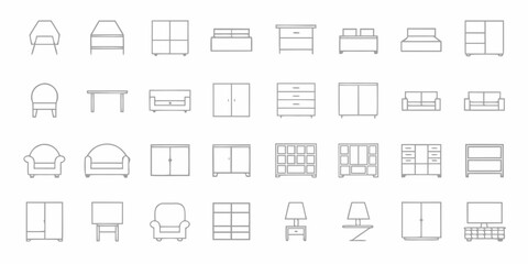Collection of simple outline icons representing various furniture items for home and office use