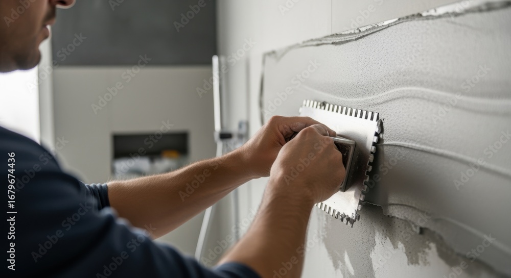 POV view of a worker applying microcement on bathroom walls with ...