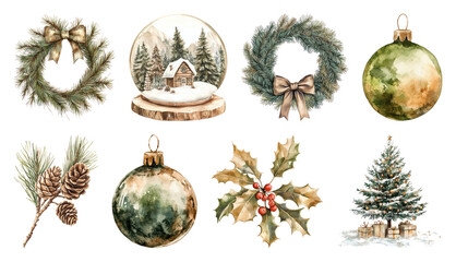 Wall Mural - png rustic holiday watercolor decorations, element set on transparent background