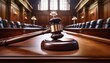 © Leroy - a quiet courtroom with an unstruck gavel and its base positioned on the polished wooden judge s bench symbolizing justice and authority