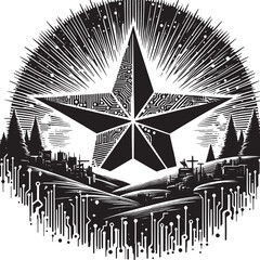 Digital Circuit Star Abstract Illustration with a Cityscape and Circuitry Lines in Black and White