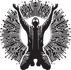 Conceptual illustration of a person embracing technology and the digital world with open arms