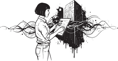 Woman Analyzing Data on Tablet Amidst Abstract Tech Visuals in B