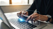 © Cerry - Person typing on laptop with rfp process overlay and wearing a watch on their left wrist